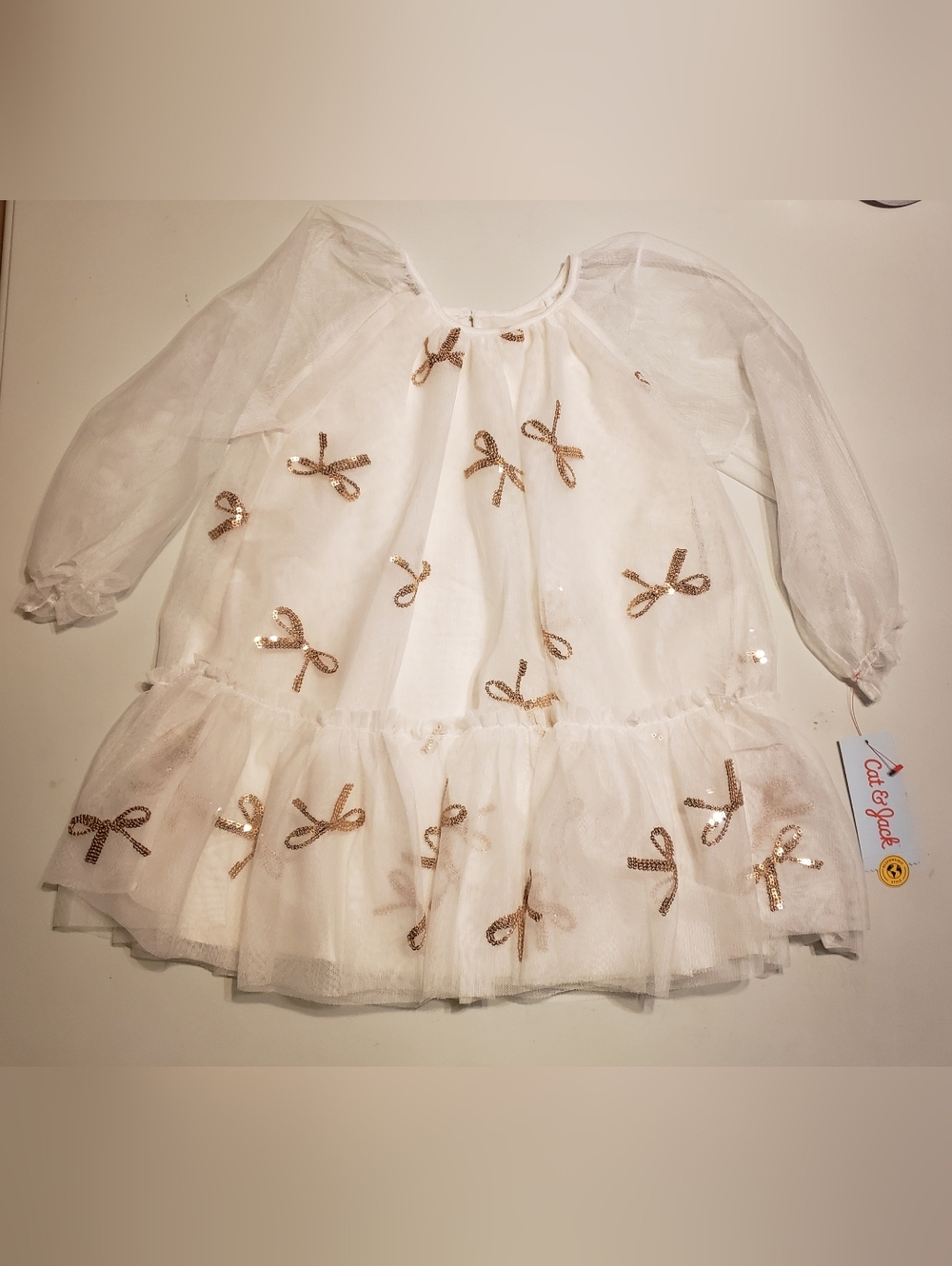 Cat & Jack White Tulle Dress with Gold Sequin Bows